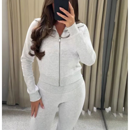Flare Pants Sets for Women 2 Pieces Fleece High Waist Woman Trousers Sets Zipper Cropped Women's Jacket Streetwear Outfits