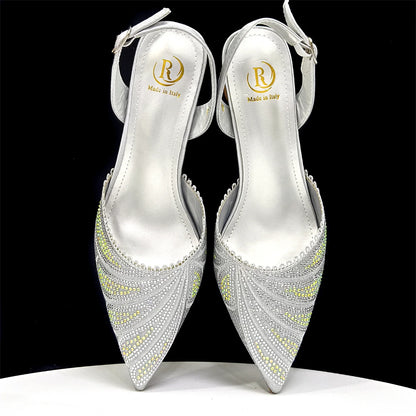 New Green Colour Pointed-Toe Diamond-Studded Party Women's High Heels Gorgeous Parties Shoes and Bag to Match