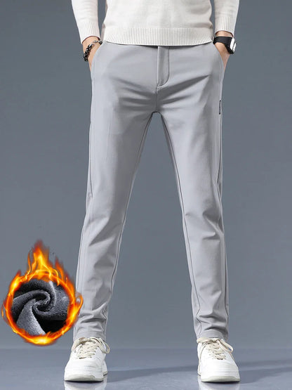 Winter Fleece Golf Casual Pants Men Business Slim Stretch Jogger Thick Trousers Korean Classic Elastic Waist Velvet Male Pants