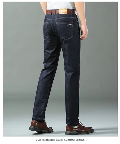 Denim Jeans For Men Blue Straight Stretch Cotton Pants Business Casual Lightweight Trousers Spring Summer