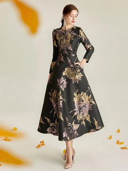 Luxury Women Long Maxi Jacquard Dress Spring Autumn Boho Floral Fashion Clothing Ladies Party Evening Ball Gown