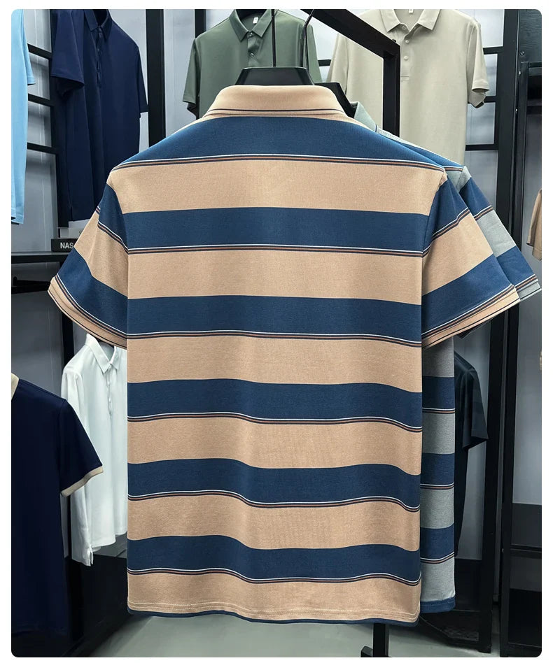 Light luxury striped color blocked short sleeve polo shirt brand symbol emboss high-end casual summer silky smooth men's T-shirt