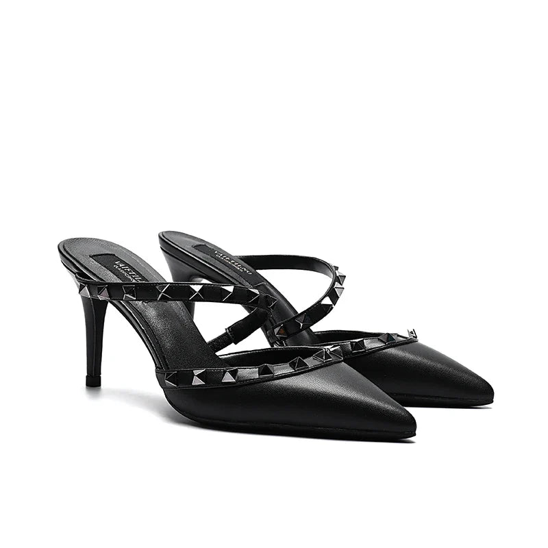 2025 New Genuine Leather Gladiator Pumps Sandals Luxury Metal Rivets Summer Women Outdoor Slippers Black Fashion High Heels 41