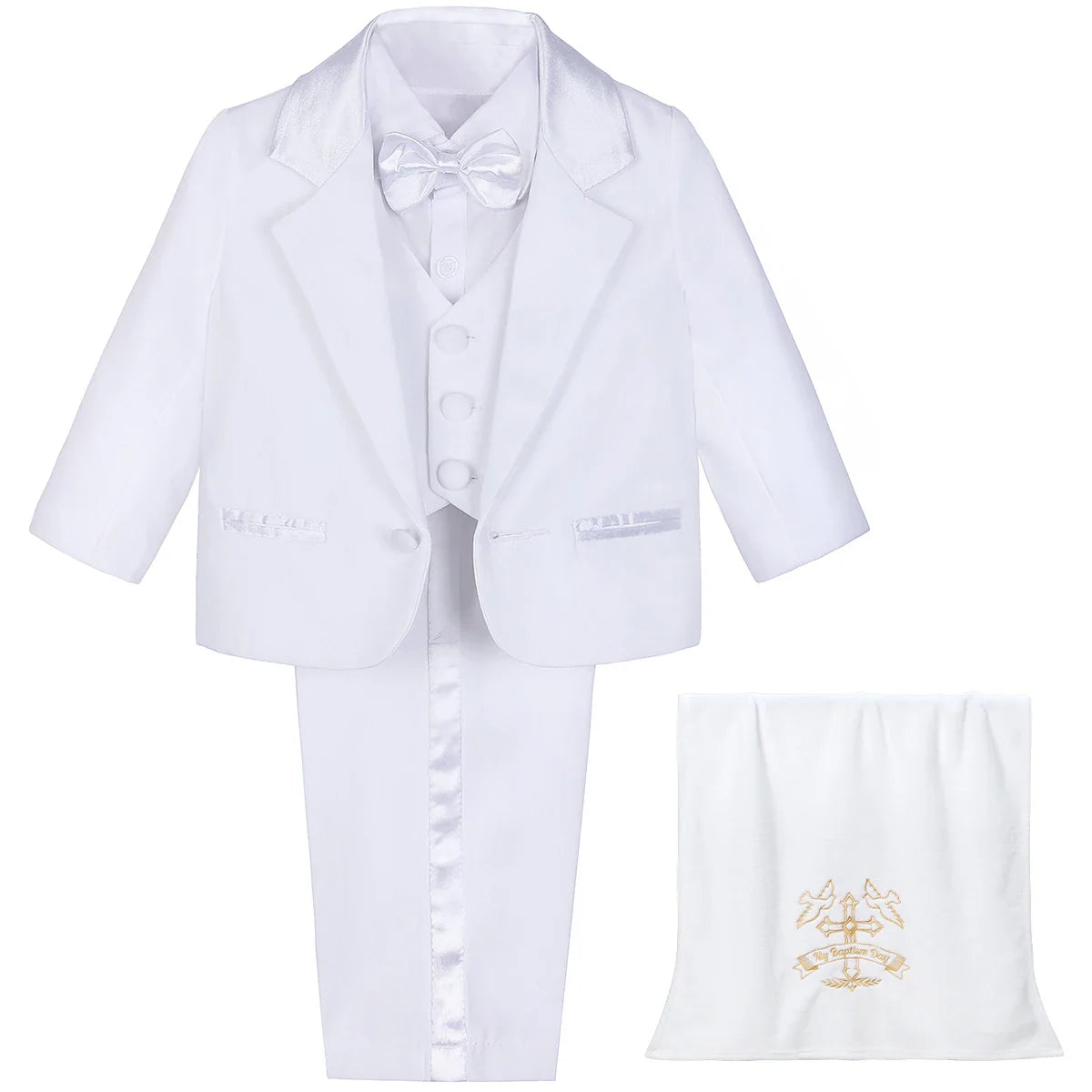 Baby Boy Baptism Outfit Infant White Christening Suit with Hat Toddler Wedding Birthday Party Clothing Long Sleeved Tuxedo 5PCS