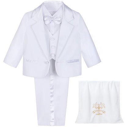 Baby Boy Baptism Outfit Infant White Christening Suit with Hat Toddler Wedding Birthday Party Clothing Long Sleeved Tuxedo 5PCS