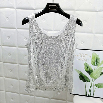 Sparkling Sequins Round Neck Vest Women's Outer Wear 2022 Summer New Bright Silk Fashion Glitter Bottoming Shirt Suspender Top