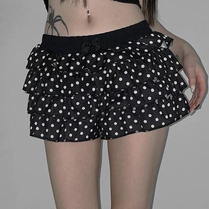 Summer Polka Dot Cake Shorts for Women Elastic Waist Bow Patch Slim Fit Casual Fashion Pants