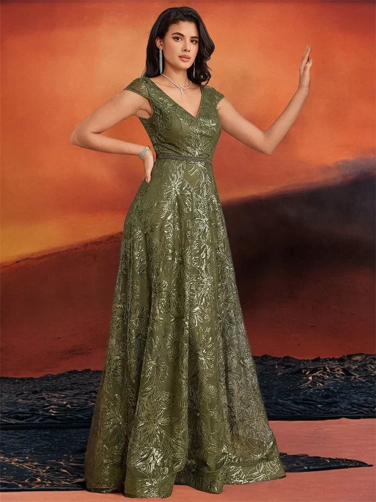 New Luxury V-Neck Beading Green Sequins Evening Dresses Elegant Long Women V-back Wedding Party Long Prom Cocktail  Gowns