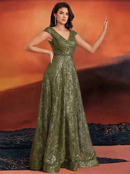 New Luxury V-Neck Beading Green Sequins Evening Dresses Elegant Long Women V-back Wedding Party Long Prom Cocktail  Gowns