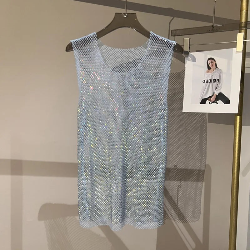Women&Men Crystal  Rhinestones Shiny Sexy Y2K Tank Tops High Quality Party Club Sexy See Through Mesh Hollow Out Diamond shirt