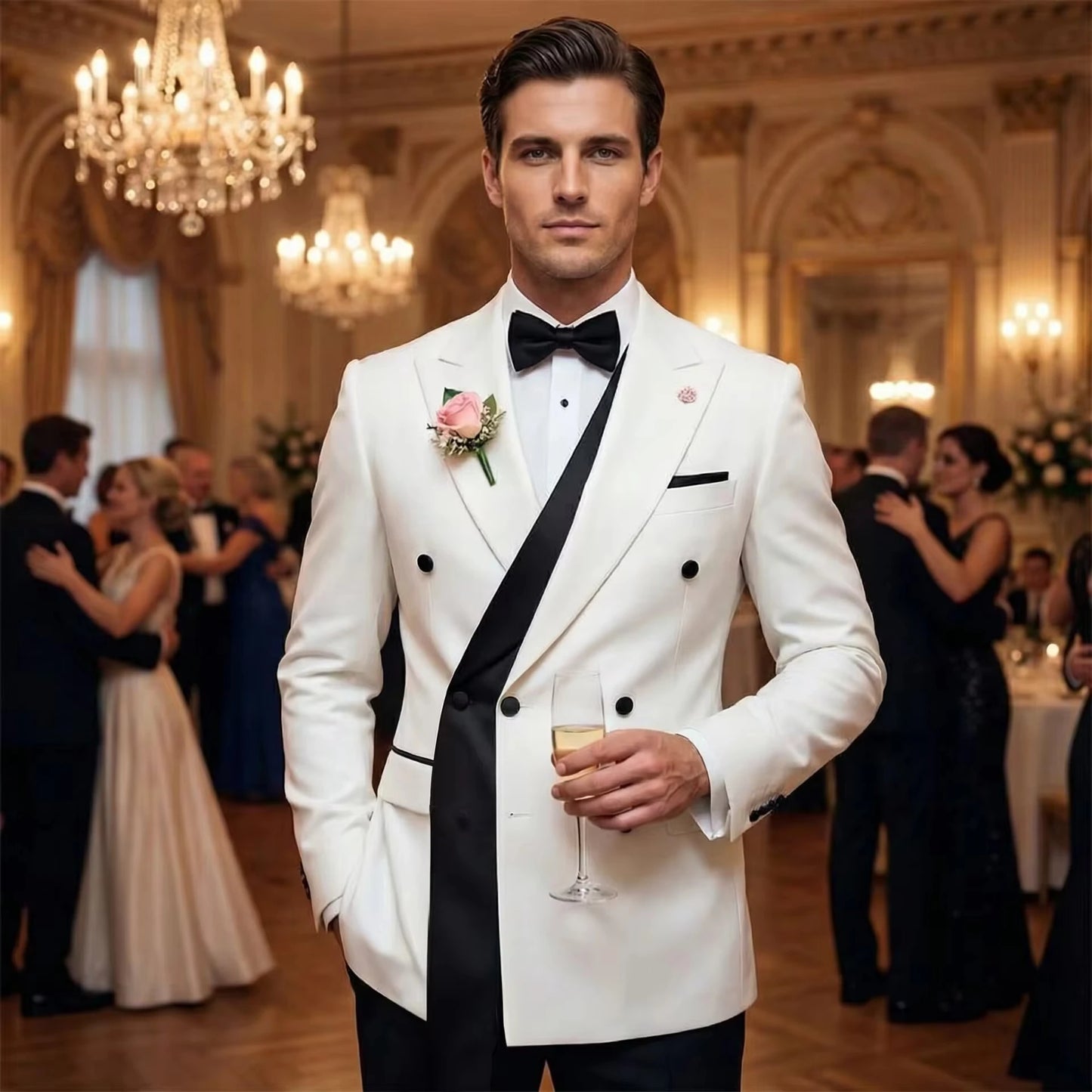 Double Breasted White Wedding Suits for Men Fashion Slim Fit Groom Best Man Wedding Tuxedo Formal Prom Wear