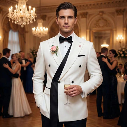 Double Breasted White Wedding Suits for Men Fashion Slim Fit Groom Best Man Wedding Tuxedo Formal Prom Wear