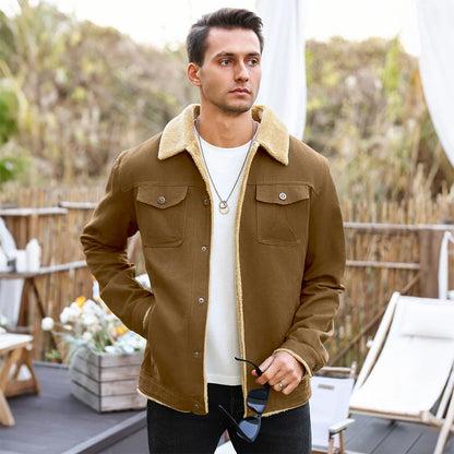 Men's Jackets Winter Faux Shearling Lined Windproof Warm Coat Black Buttoned Parka Pockets Comfortable Casual Tops US Size