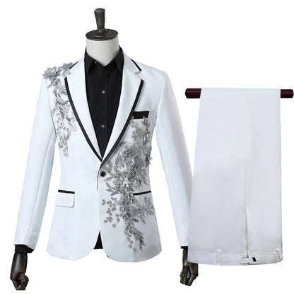 Elegant Appliqued Two-piece Men's Suit for Wedding Banquet Host Dance Prom Christmas Costume Men Blazer Chinese Style