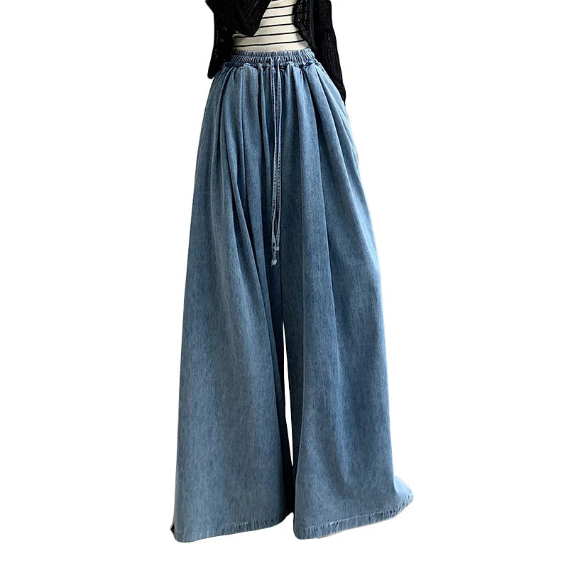 Calça Jeans de Perna Larga, Casual, Solta, com Cadarço e Estilo Lanterna