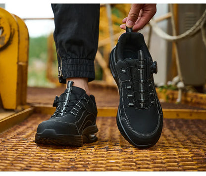 Men's Steel Toe Safety Work Boots Puncture Resistant Kevlar Midsole Air Cushioned Black Button Style Industrial Construction
