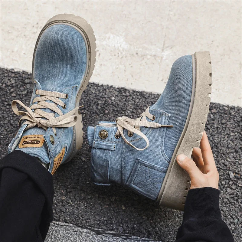 Breathable Men Boots Winter Denim Cloth Mens Ankle Boots Retro Work Boots Platform Men Casual Shoes Handmade High Top Shoes