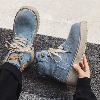 Breathable Men Boots Winter Denim Cloth Mens Ankle Boots Retro Work Boots Platform Men Casual Shoes Handmade High Top Shoes