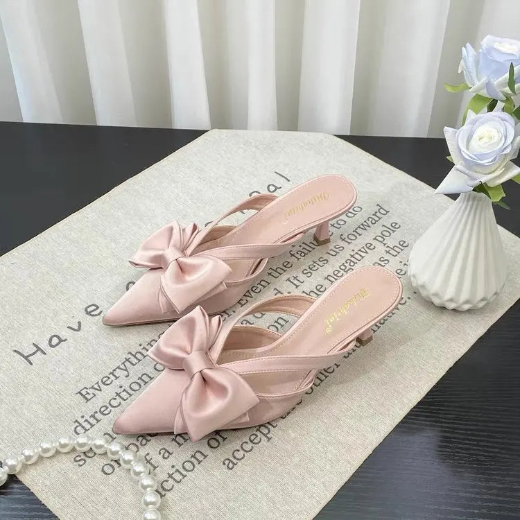 Fairy Style Pink Cool Slippers for Women's Summer 2024 French Pointed Bow Hollow High Heels, Half Wrapped Women's Slippers