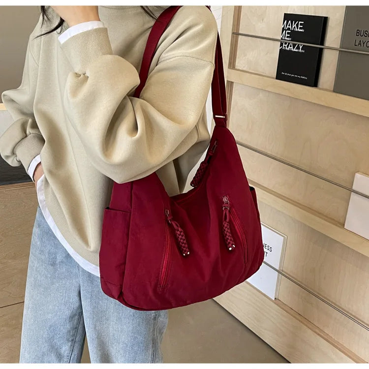 Summer Women Solid Color Shoulder Bag Fashion Lightweight Versatile Travel Crossbody Bag Commuter Nylon Large Capacity Hobo Bag