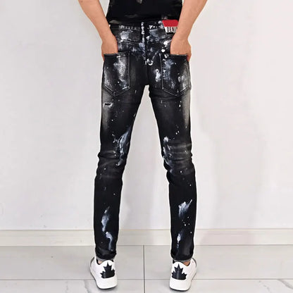 Street fashion men's black gray jeans, high-quality stretch slim fit painted corrugated jeans designer retro hip-hop brand pants