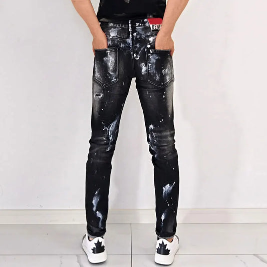 Street fashion men's black gray jeans, high-quality stretch slim fit painted corrugated jeans designer retro hip-hop brand pants