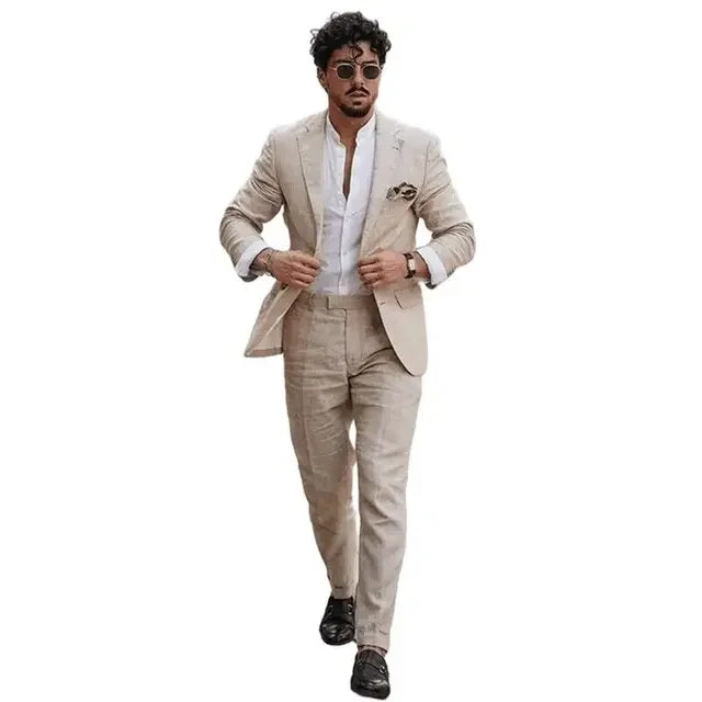 2 Piece Casual Beige Linen Men Suits Single Breasted Slim Fit Notch Lapel Blazer with Pants High Quality Wedding Costume Homme