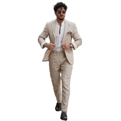 2 Piece Casual Beige Linen Men Suits Single Breasted Slim Fit Notch Lapel Blazer with Pants High Quality Wedding Costume Homme