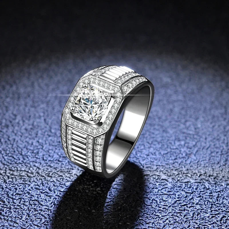 Moissanite Ring For Men Sterling Silver Platinum Plated Ring Lab Diamond Men's Rings Man Wedding Band Fine Jewelry