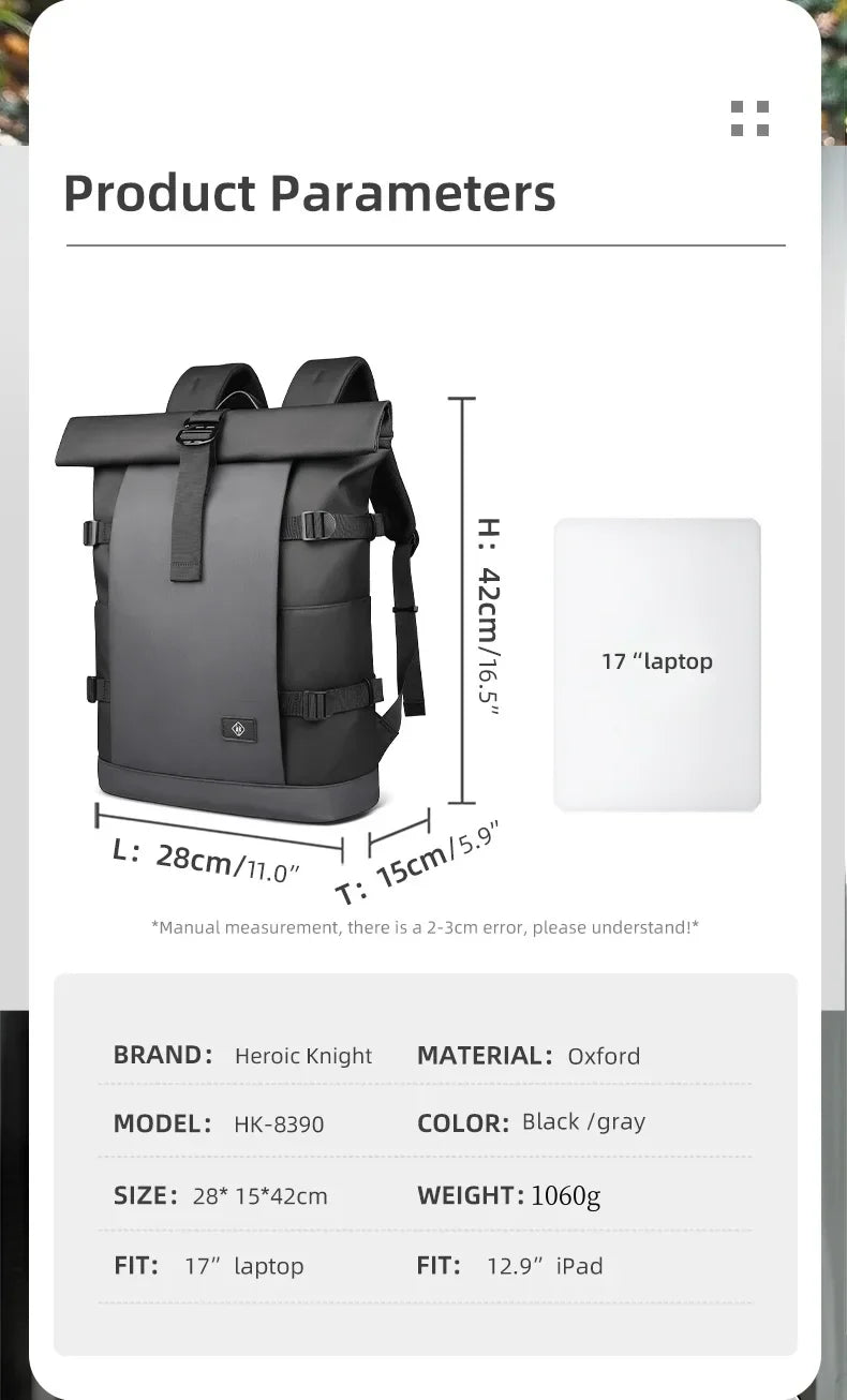 Waterproof Roll-Top Backpack for Men Large Capacity Expandable 17 Inch Laptop Bag Leisure Travel Backpack Hiking Camping Bags