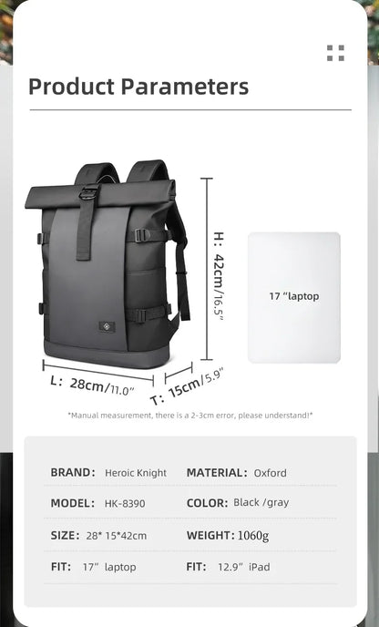 Waterproof Roll-Top Backpack for Men Large Capacity Expandable 17 Inch Laptop Bag Leisure Travel Backpack Hiking Camping Bags