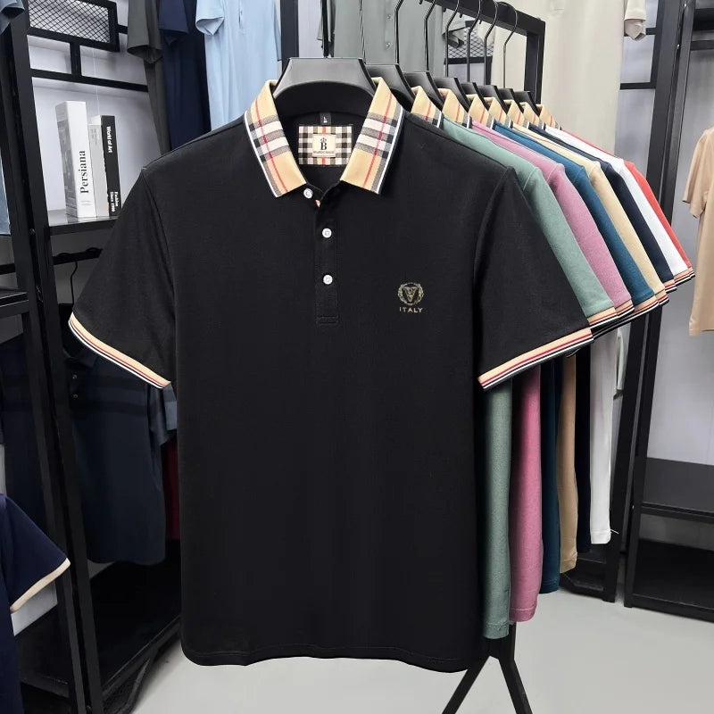 High end brand men's short sleeve polo shirt summer new letter emboss lightweight breathable fashion color blocked lapel T-shirt