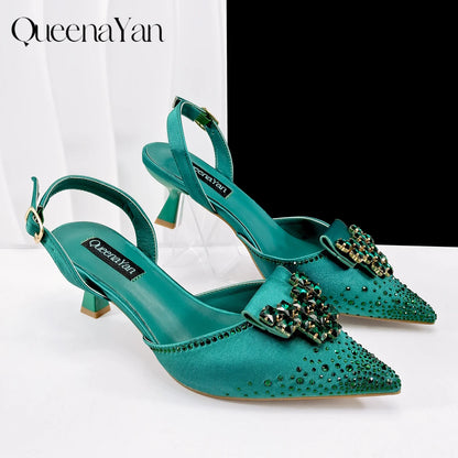 Elegant Coffee Color Pointed-Toe Italian Women's High-Heeled Shoe and Bag Set with Diamond Design for Parties