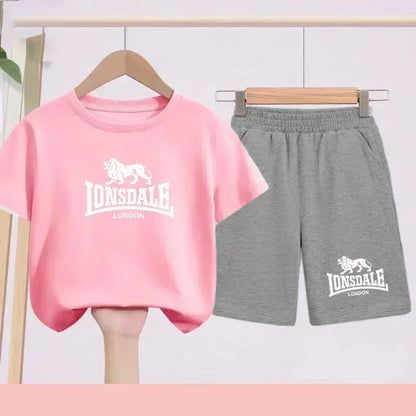 Lion Alphabet Print Kids Summer T-shirt Boys Girls Toddlers 3-12 Years Top+ Shorts 2P Outdoor Sports Clothes Fashion Leisure Set
