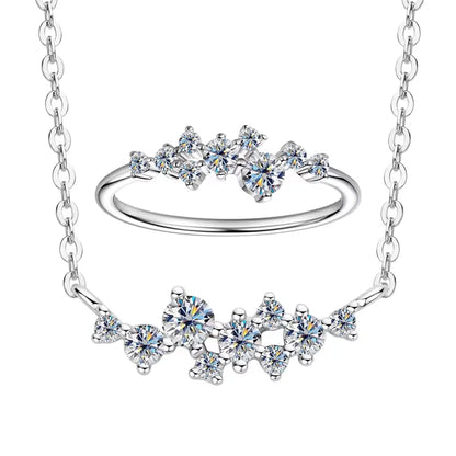 Colar e Anel de Diamantes Moissanite Prata Esterlina 925 Conjunto de Joias com Pingente de Aglomerado para Mulheres Anéis de Noivado Presente