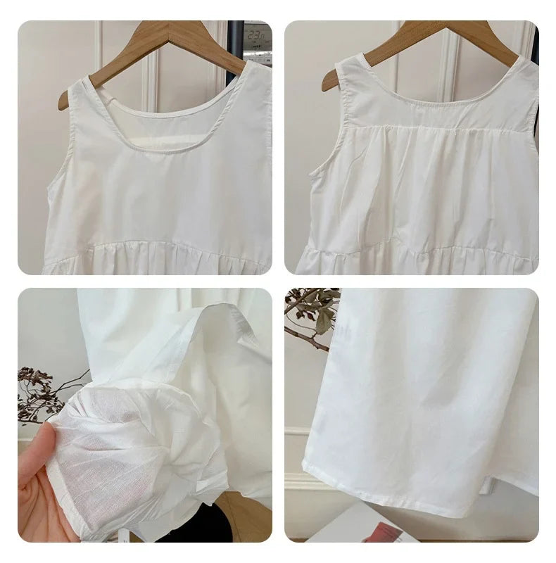 Summer White Vest Dress for Kids Girls Simple Loose Sleeveless Childrens Long Dress Cotton 2-8Y Girl Clothing Casual wear