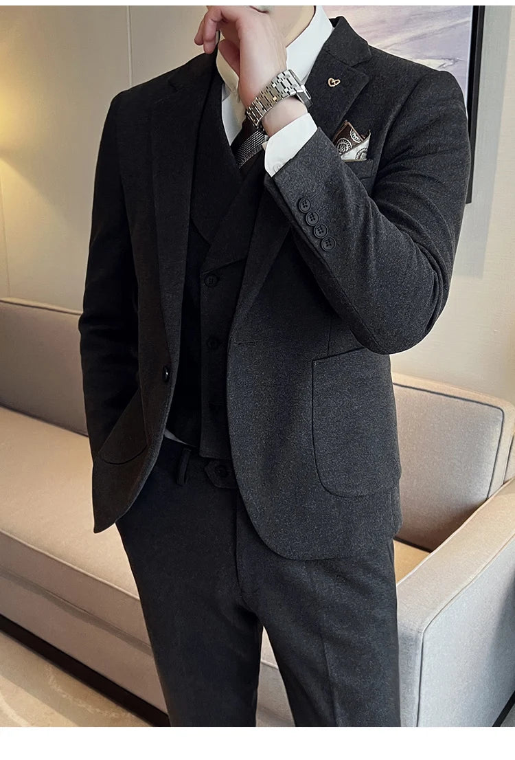 2025 Autumn Winter New Thickened Warm Woolen Blazer Set for Men Korean Version Slim Fit Groom Best Man Wedding Suit Formal Wear