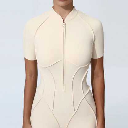 Zipper Short-sleeved Yoga Sports Fitness Jumpsuits Sets Without Chest Pad Tight Bodysuits Shorts Gym Workout Clothes for Women