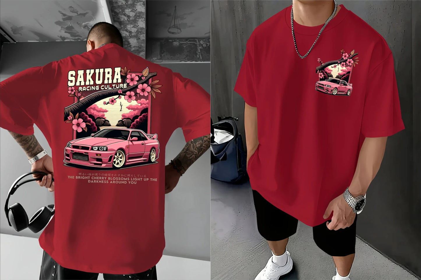 Men's Japanese Racing Graphic T-Shirt Sakura Motorsport Tee Cherry Blossoms Loose Fit Back Print Shirt Drift Events Streetwear