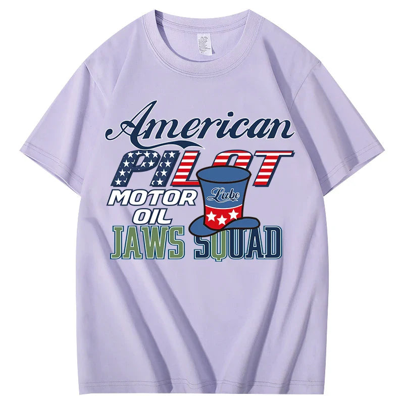 Unisex  American Pilot Motor Oil Graphic T-Shirt USA Flag Print Casual Streetwear Short Sleeve Tee Tee for Men Women