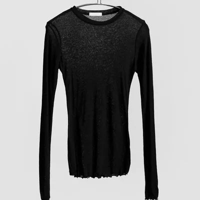 Plain T Shirt Women Cotton Elastic Basic T-shirts Female Casual Tops Long Sleeve Sexy Thin T-shirt see through