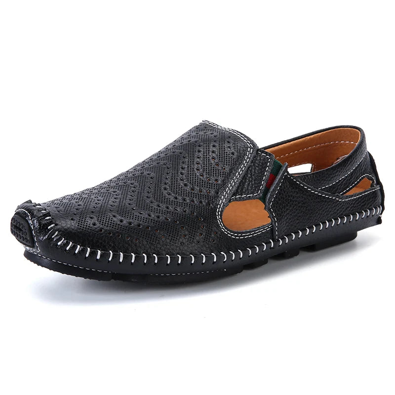 Men's Hollow Leather Shoes Summer Breathable Sandals Genuine Leather Slip-on Loafers Flat  Soft Soled Driving Casual Shoes