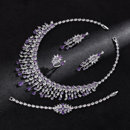 Luxury 4pcs Bridal Wedding Jewelry Set Cubic Zirconia Dubai Tassels Necklace Earrings Sets for Women Party Dress