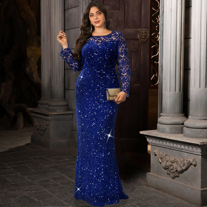 Elegant Curve Evening Dress for Women Lace Full Sleeved Sequined Velvet Hollow Out Modest Maxi Gown