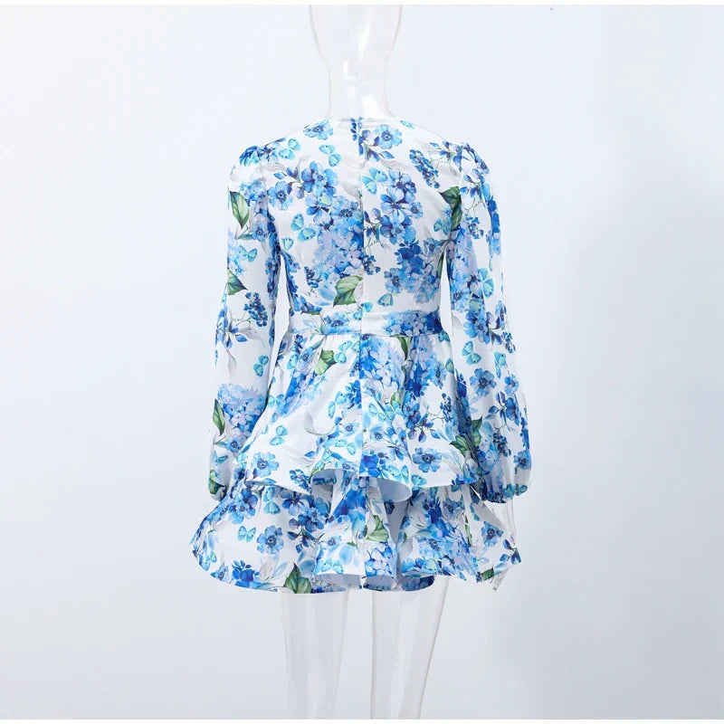 Backless Party Dress Women Elegant 3D Flower Print Sling Lace Up Ruffle A-line Mini Evening Dresses Female 2025 Summer Swimwears
