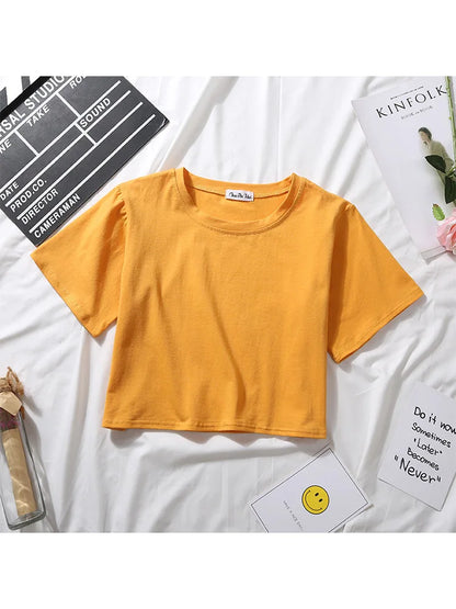 Summer Short Sleeve T Shirts Women  Solid T-shirt O Neck High Waist Crop Top Tee Female Casual Loose T Shirt