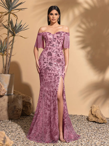Off-the-shoulder sequined tassel sleeve slit dress