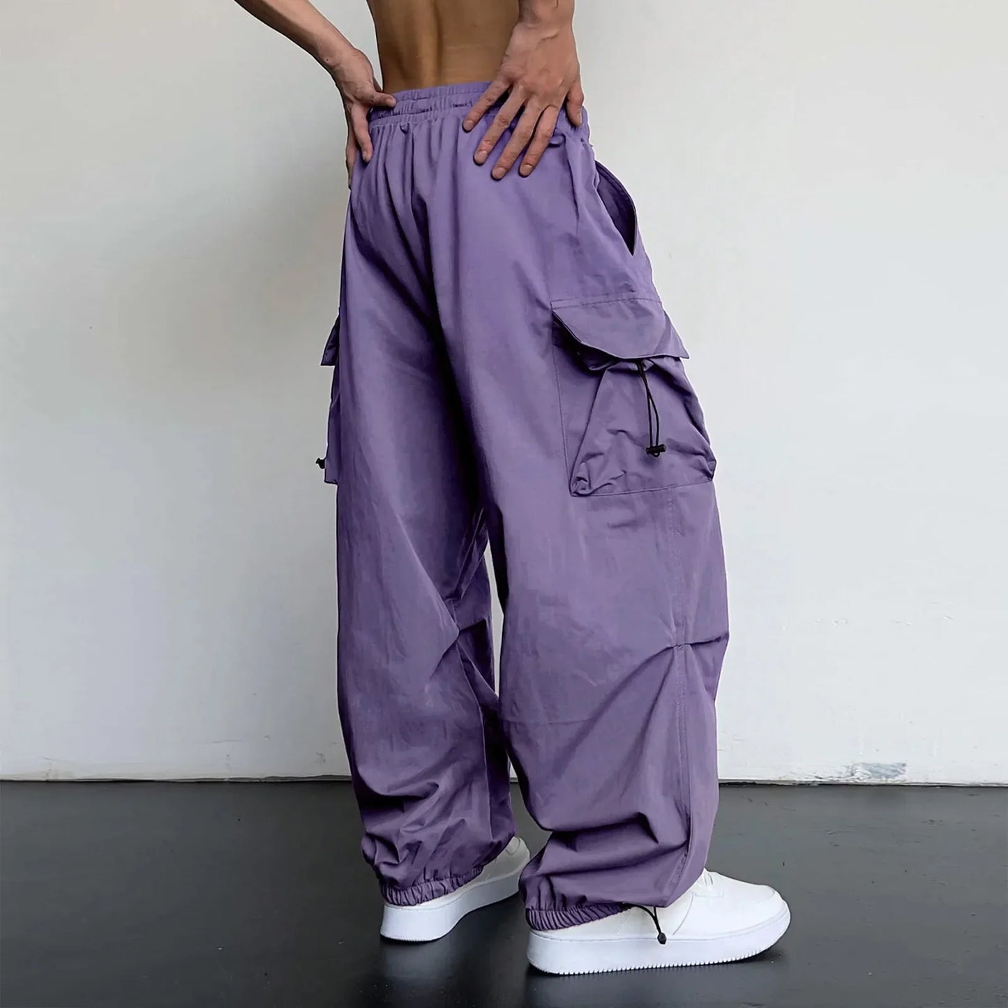 Cool Streetwear Versatile Quicky Drying Wide Leg Low Waist Drawstring Cargo Trousers Fashion Daily Casual Pockets Pants For Male