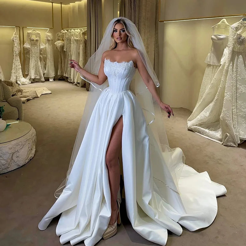 Elegant A-Line Wedding Dresses Strapless Side Slit Bridal Dress Women Appliques Evening Wedding Prom Gowns Customized