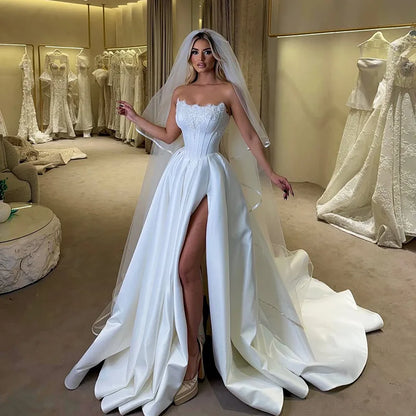 Elegant A-Line Wedding Dresses Strapless Side Slit Bridal Dress Women Appliques Evening Wedding Prom Gowns Customized